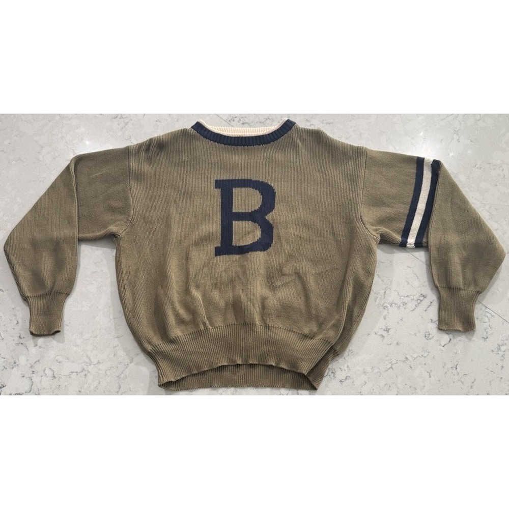 VTG 80s Benetton Letterman Varsity B Sweater Mens Medium Khaki Tan Made In Italy